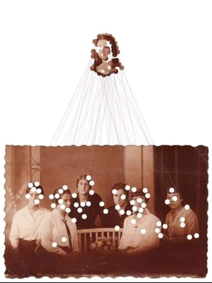 Семейный фотоколлаж: нити соединяют портрет с лицами на старой фотографии